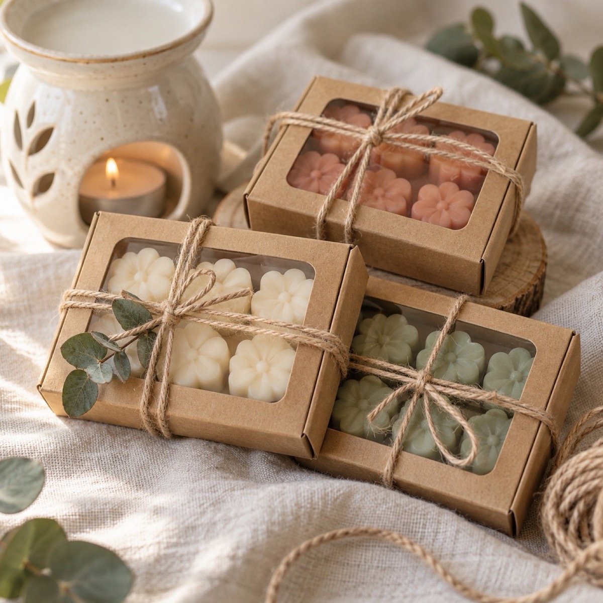 A small pack of pastel soy wax melts tied with twine