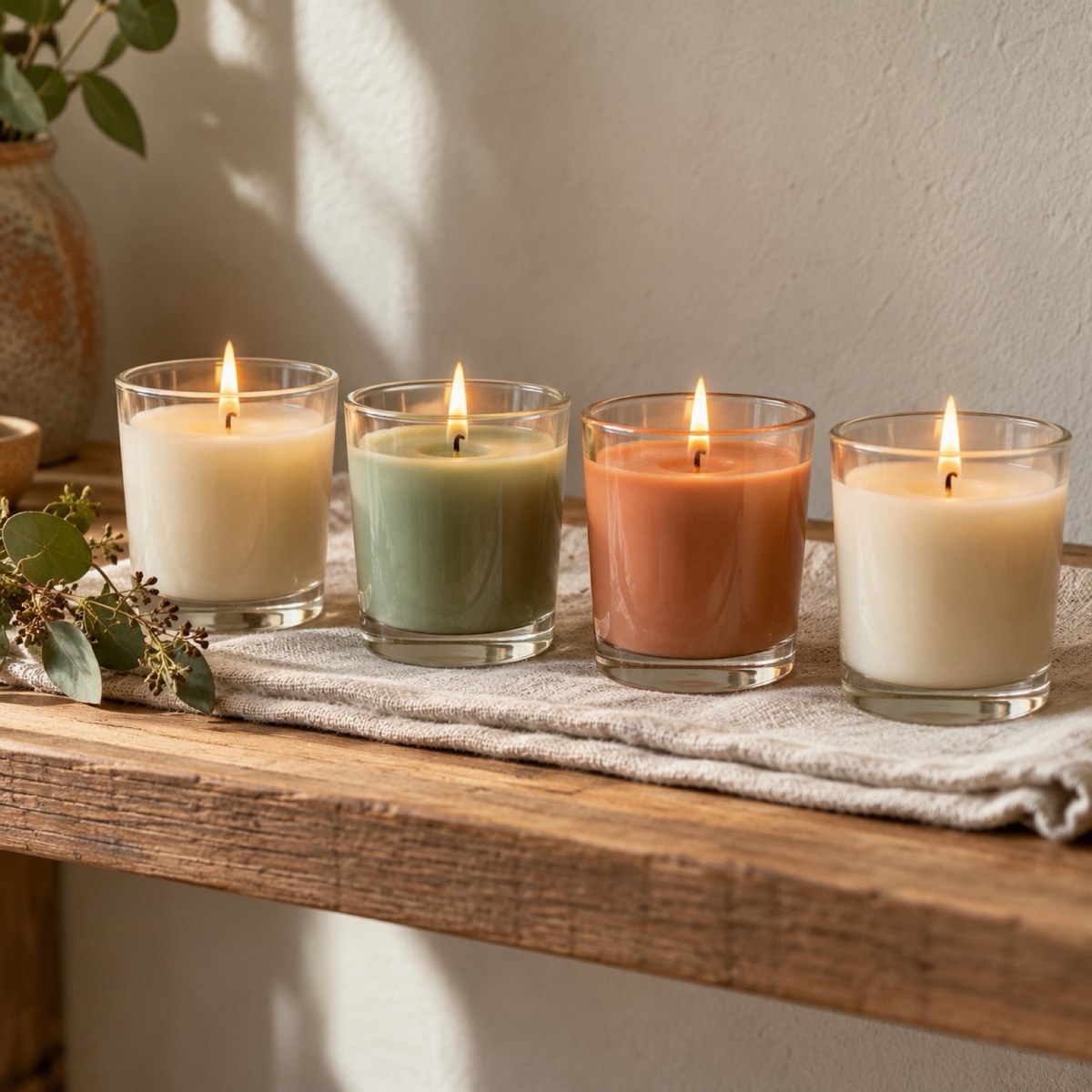 Four small votive candles in clear glass holders on a shelf