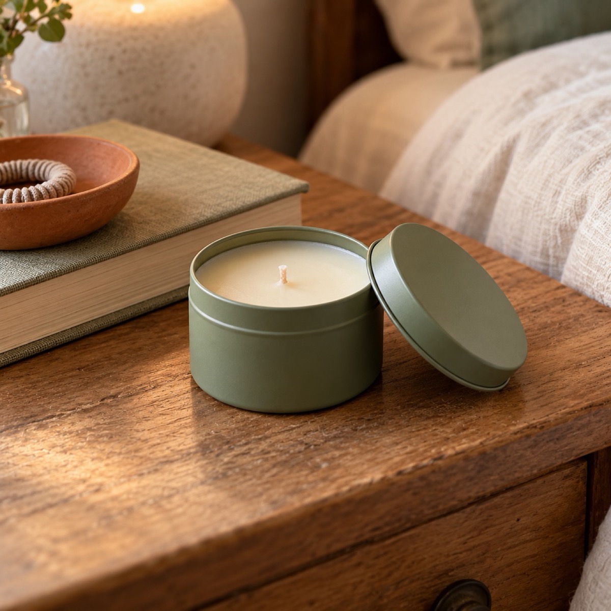 A travel tin candle with a lid