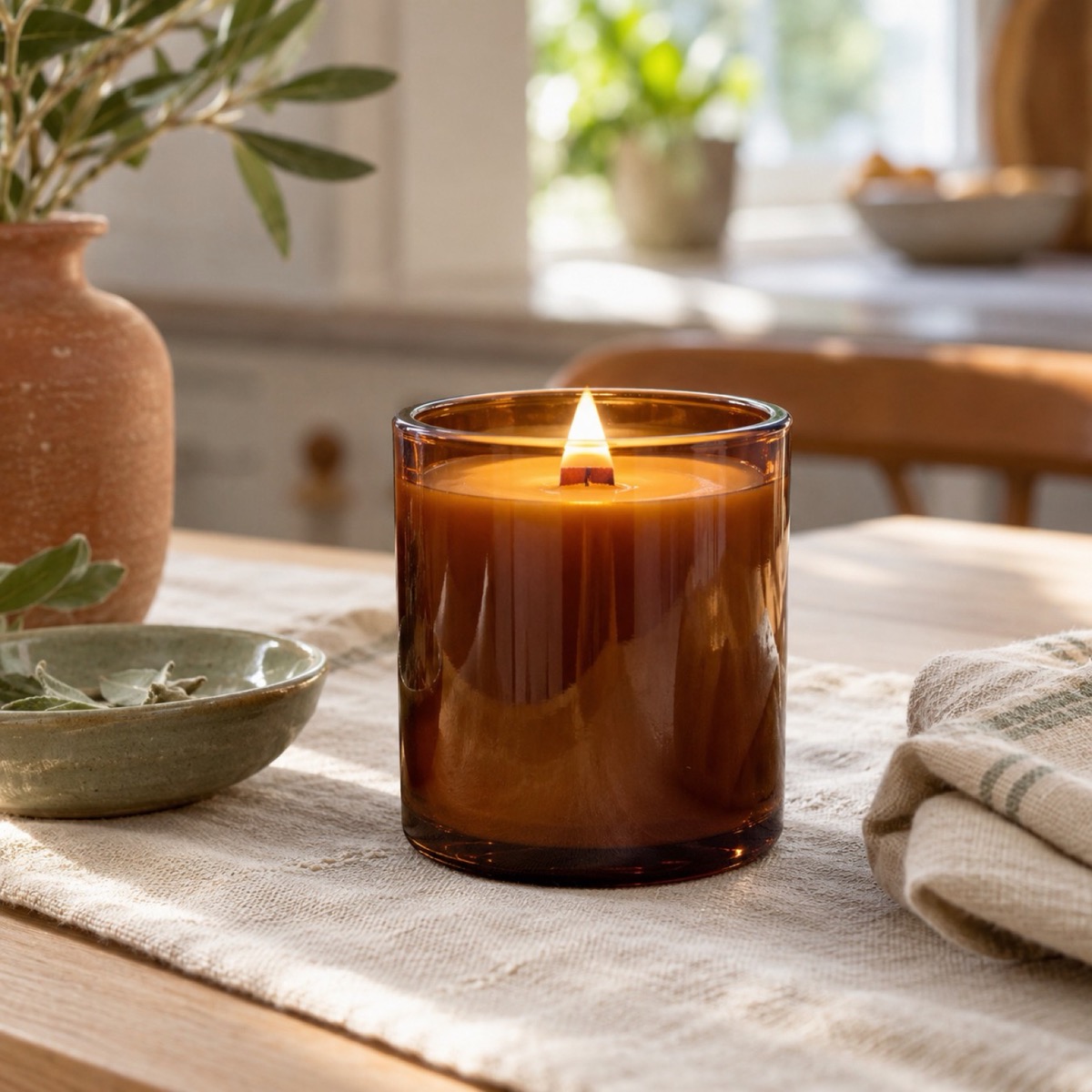 A wooden wick candle burning in a glass jar on a cozy side table