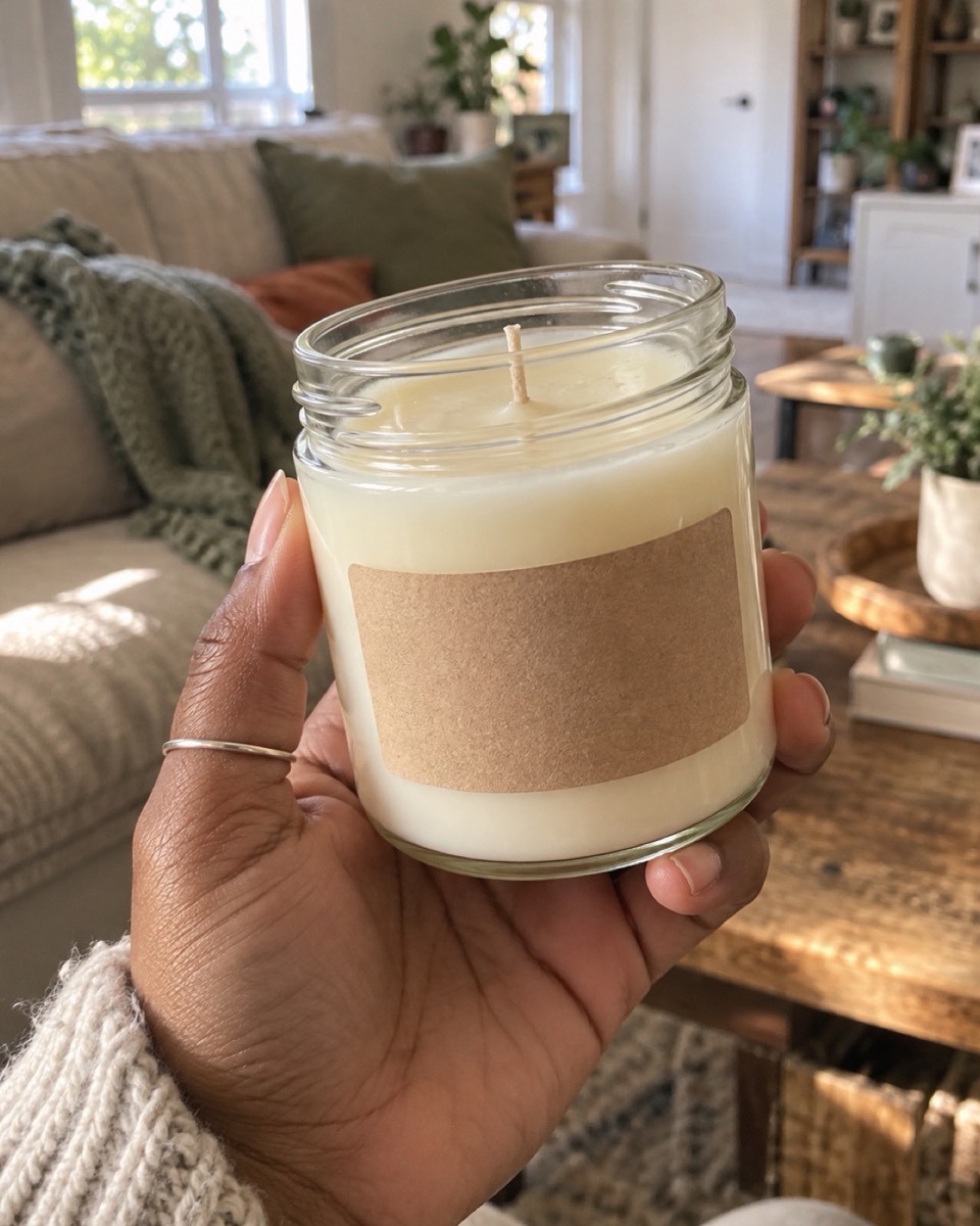 A finished soy jar candle on a wooden kitchen table