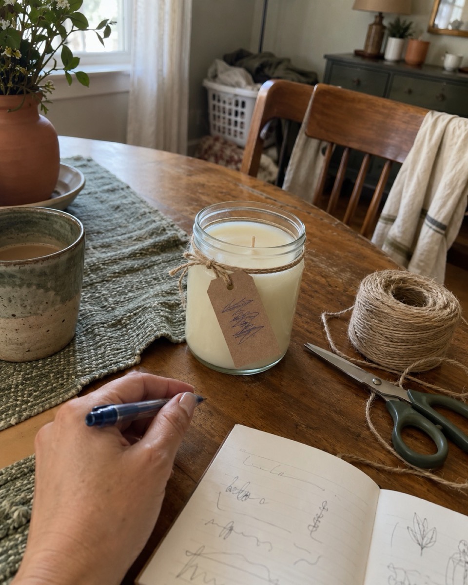 Small soy travel tin candles with kraft price tags