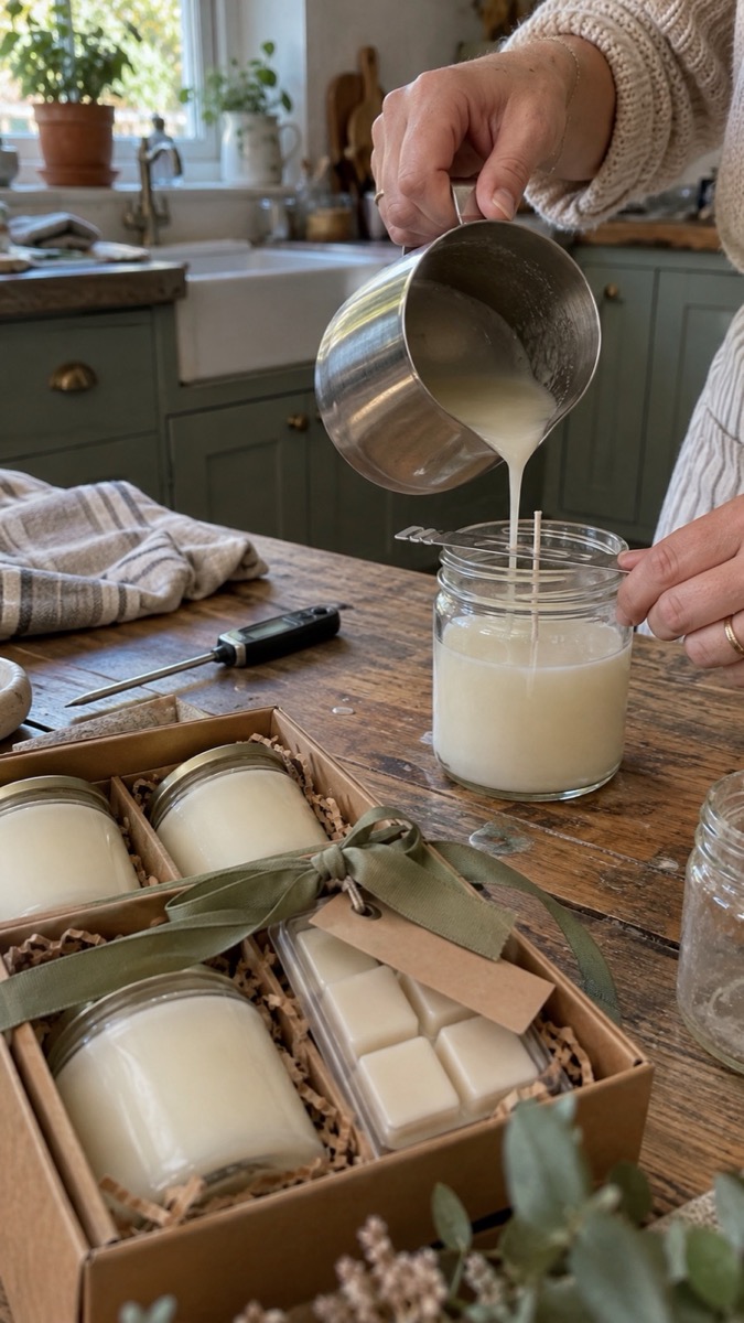 Hands pouring melted soy wax into a glass jar beside a finished candle gift set on a kitchen table