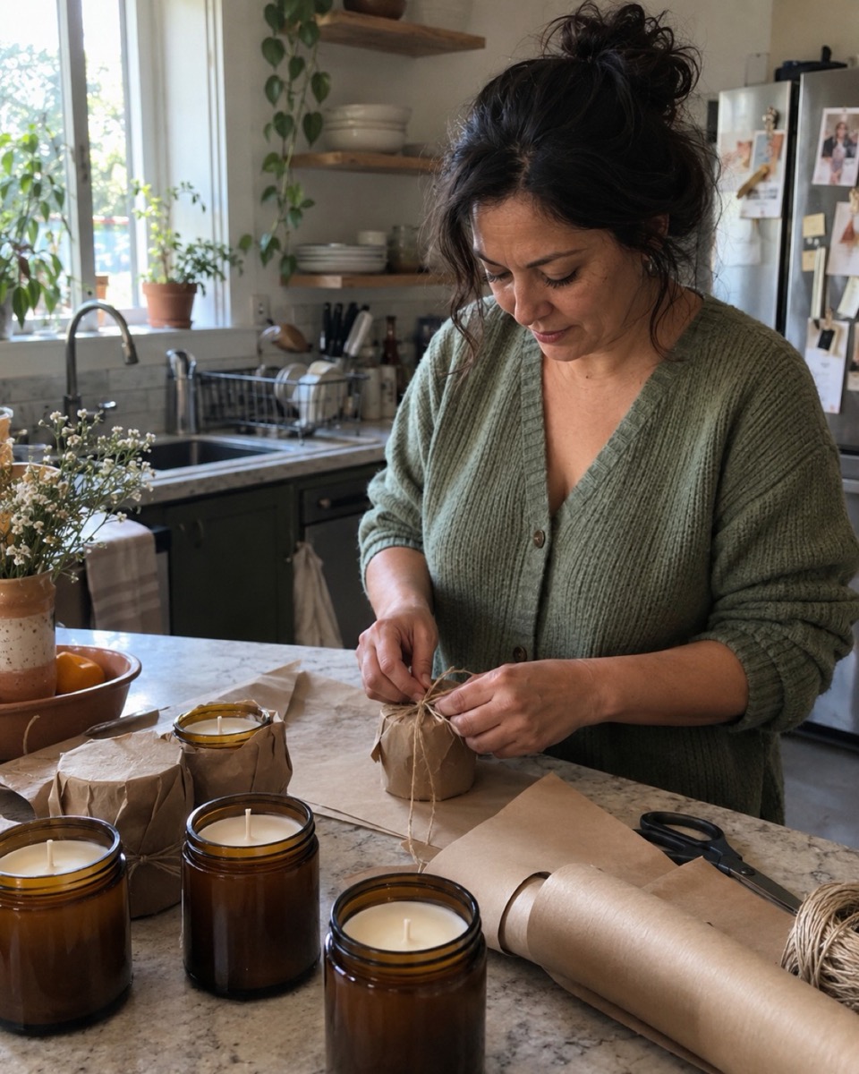 Wrapping a small soy jar candle in kraft paper, ready to sell